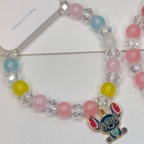 Colorful Kids Beaded Stretch Bracelet Pink beads green charm - Picture 2 of 7